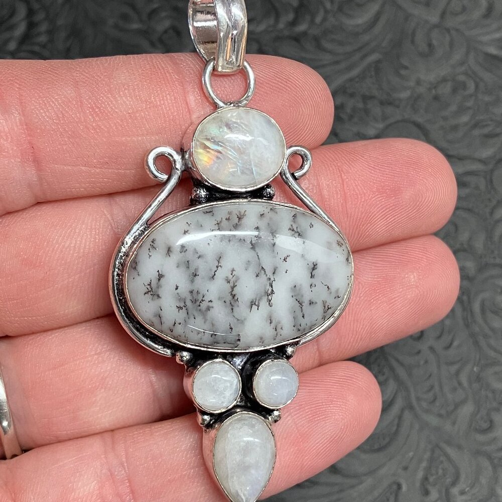 Dendritic Opal Rainbow Moonstone Pendant Crystal Stone Jewelry - Picture 8 of 9